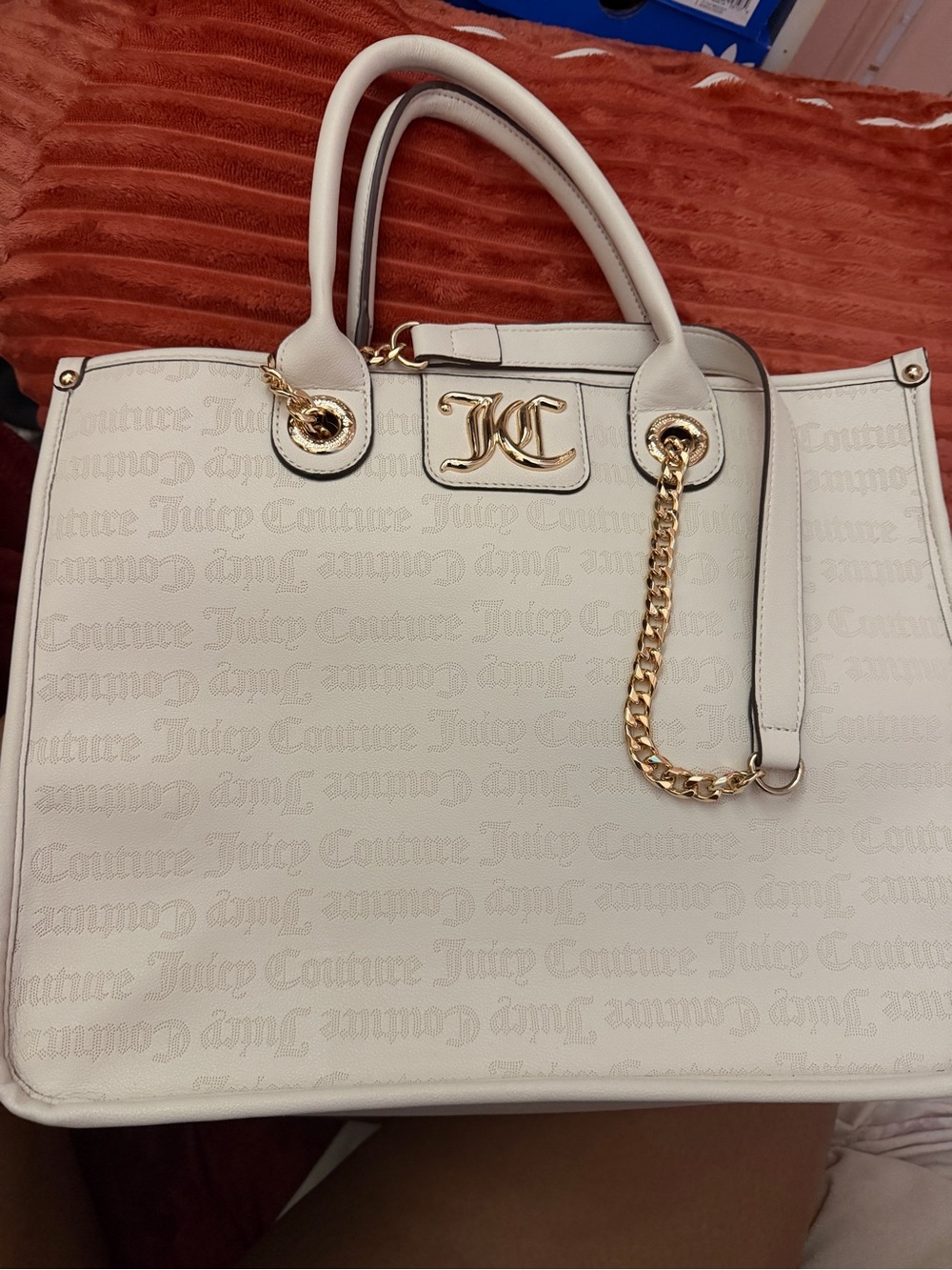 Juicy Couture Cream Logo-Embossed Tote with Gold Chain Detail